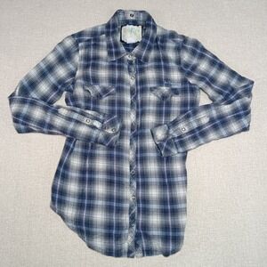 Y2K Billabong Womens M Blue Plaid Snap Front Flannel Shirt Cotton Sellout Logo